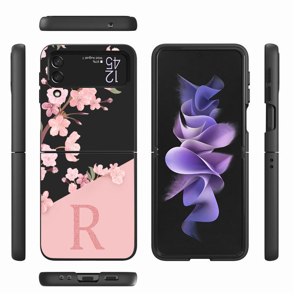 Case for Samsung Galaxy Z Flip4 Flip3 5G Black Phone Coque Z Flip 4 3 Hard PC Luxury Cover Zflip3 Cherry Blossom Pink Letter