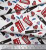 Soimoi Japan Crepe Satin Fabric Bus,Telephone Booth & London Clock Tower Architectural Print Sewing Fabric Metre 42 Inch