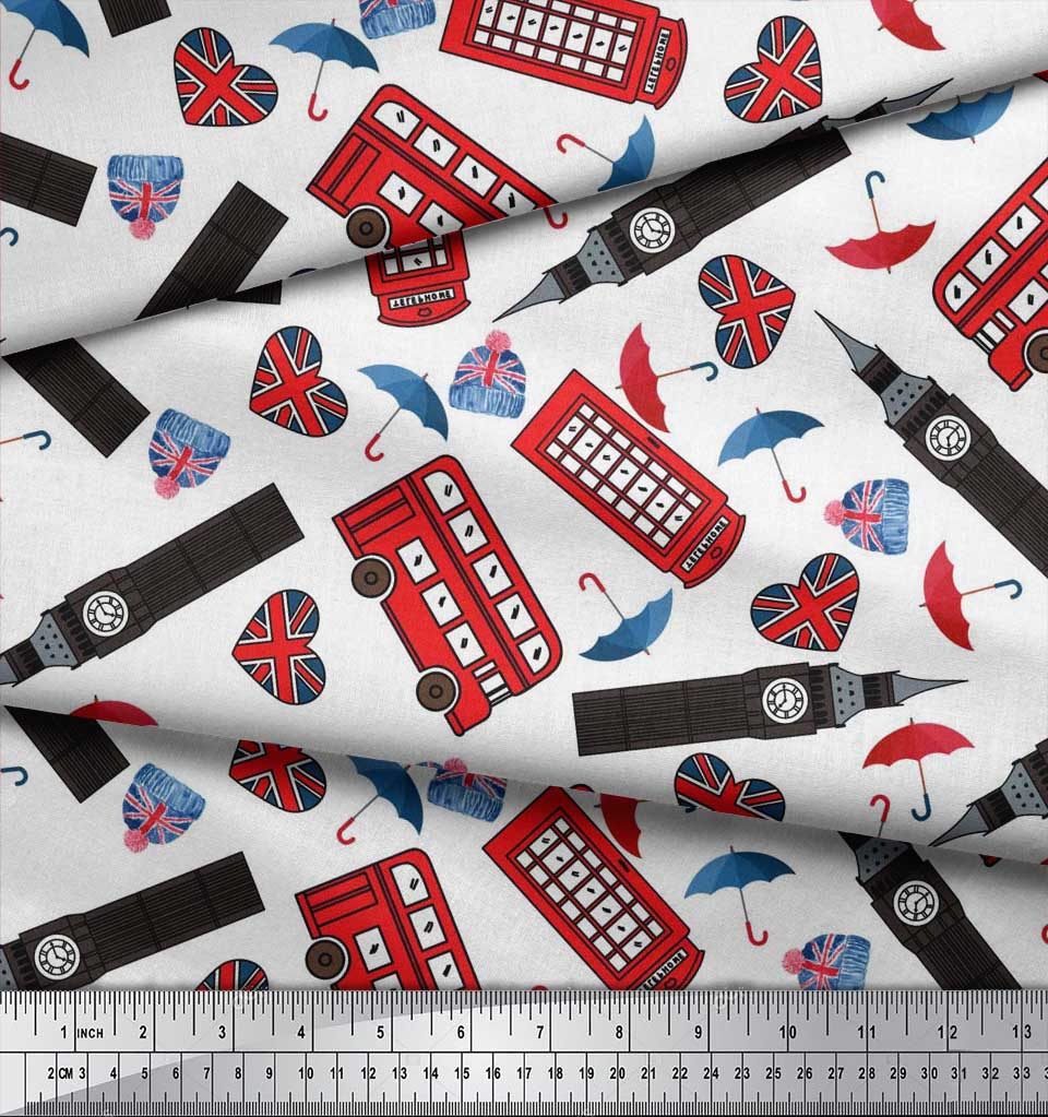 Soimoi Japan Crepe Satin Fabric Bus,Telephone Booth & London Clock Tower Architectural Print Sewing Fabric Metre 42 Inch