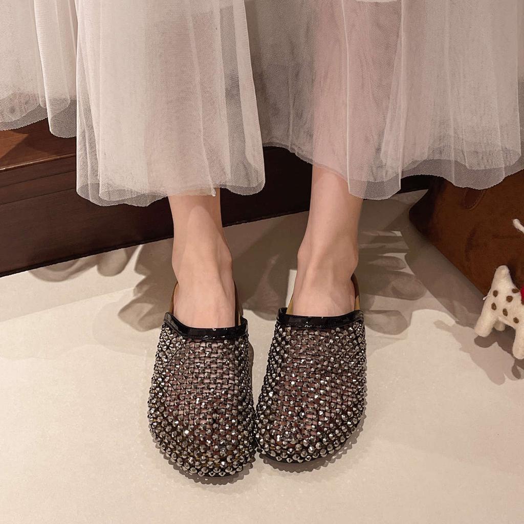 Rhinestone Mesh Bag Head Half Slippers Women's Outer Wear Summer New Fashion Versatile Lazy One Pedal Cool Slippers