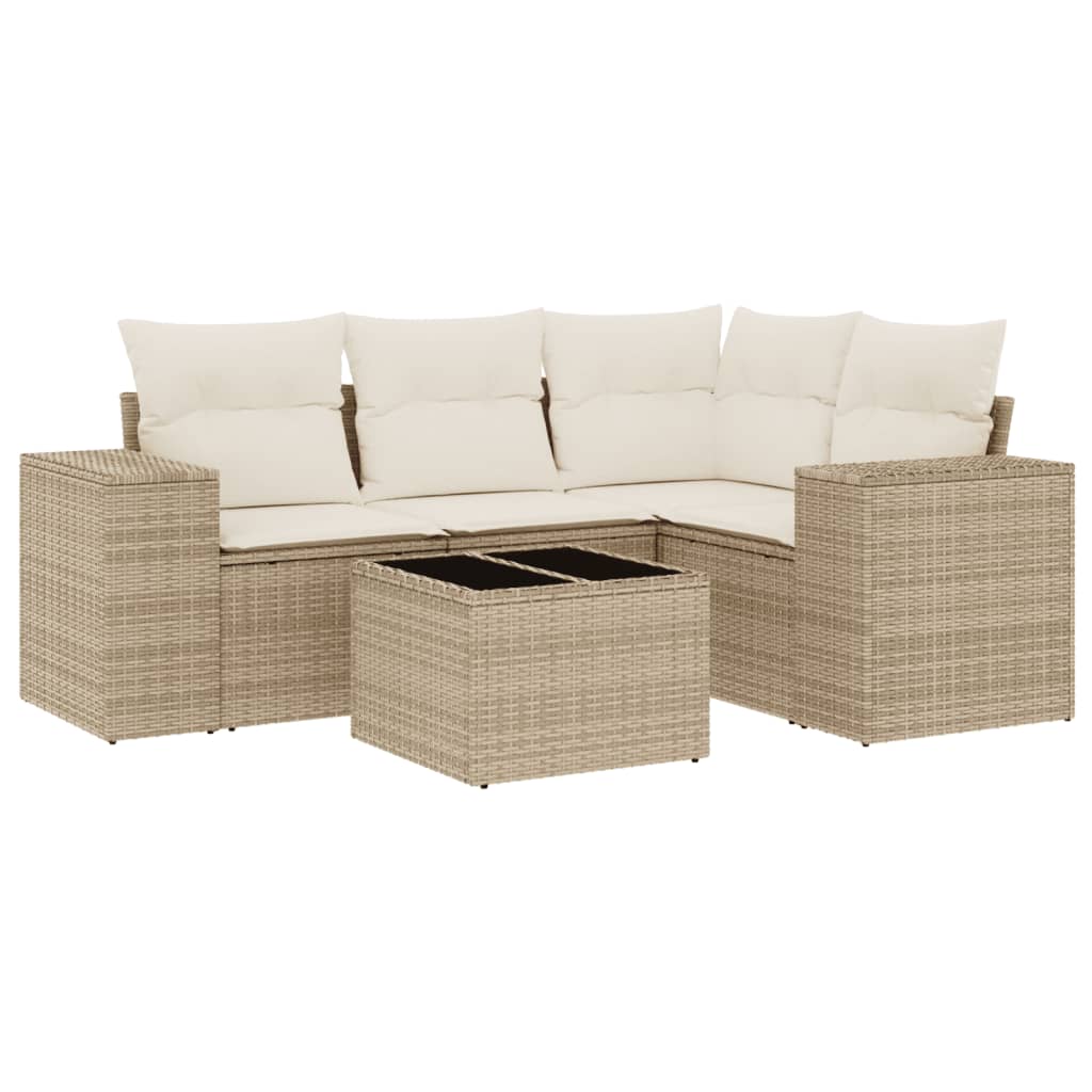 5 Piece Garden Sofa Set with Cushions Beige Poly Rattan