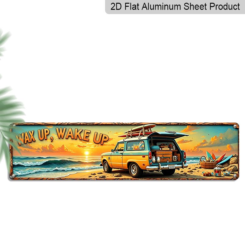 

2D Flat, Beach Scene Wall Art Featuring A Vintage Car Surfboards Scenic Ocean Sunrise Theme Suitable for Cafes Living Rooms Beach Houses and Vacation 40cm x 10cm