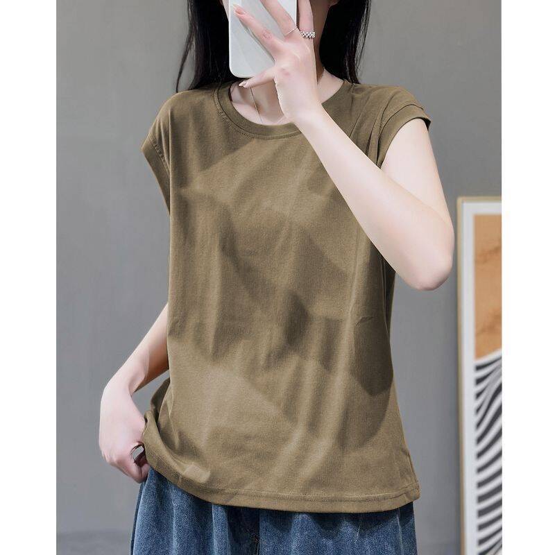 Literary Retro Solid Color Summer New Casual Round Neck Short-sleeved Top Loose and Versatile Foreign T-shirt Women