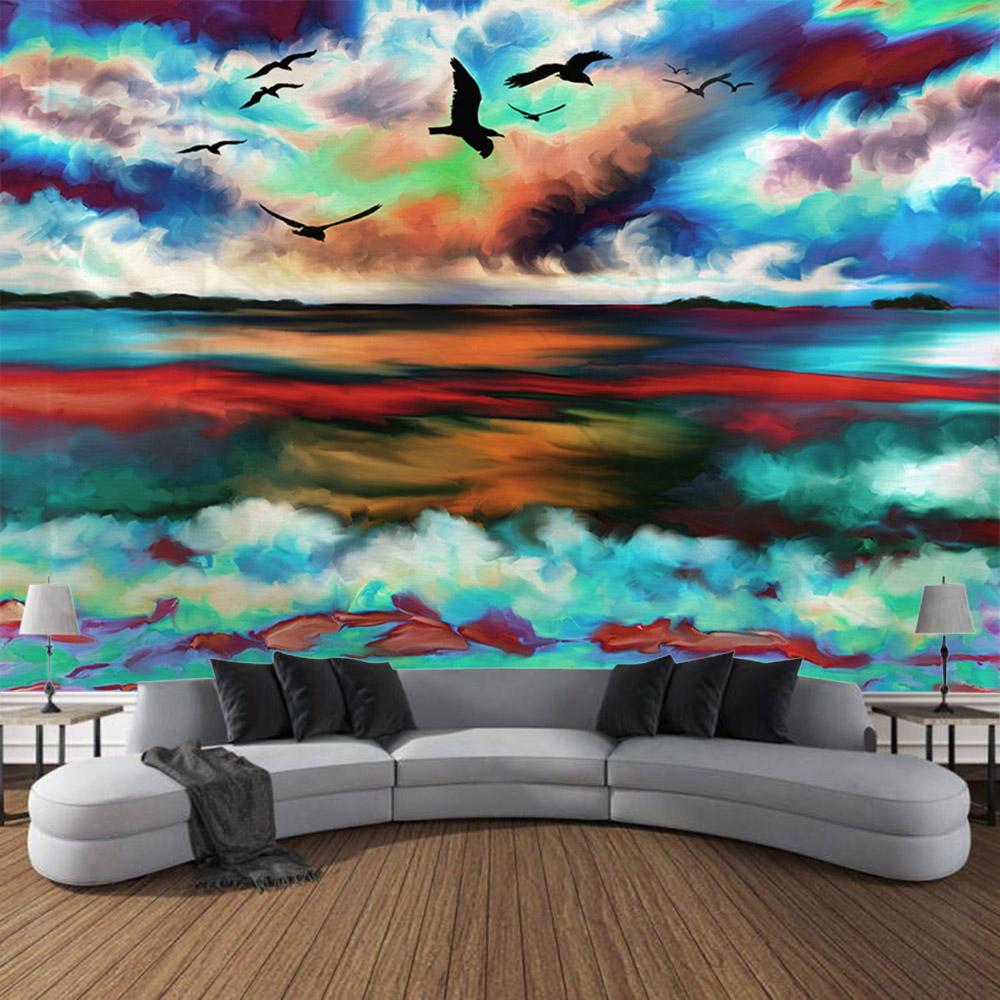 Sea oil painting tapestry, waves, sunrise, bohemian, hippie, wall hanging, home, bedroom, living room, aesthetic decoration