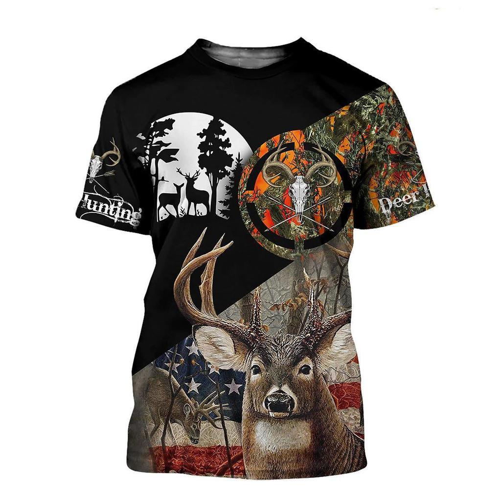 Deer 3D Printed Short Sleeved T-shirt Summer Breathable Polyester Simple Round Neck Top