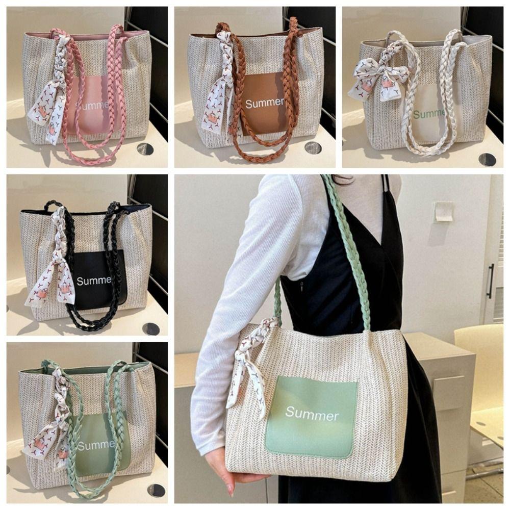 Solid Color Beach Shoulder Bag Balletcore Women Handbag Fashion Straw Woven Tote Bag  Ladies