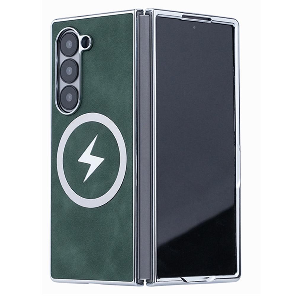 

For Samsung Galaxy Z Fold6 5G Case Compatible with MagSafe Leather+PC+Metal Phone Cover Green