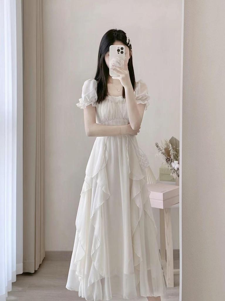 French square collar sweet gentle wind dress women's summer women's clothing waist thin ruffle edge long fairy skirt