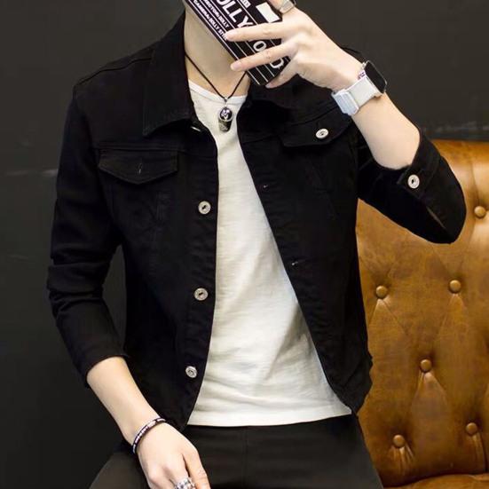 Men Spring Autumn Denim Jacket Solid Color Turn-down Collar Long Sleeve Slim Fit