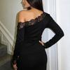 Women's Color Asymmetric Neckline Off-Shoulder Long Sleeve Top with Lace Trim and Paneled Design