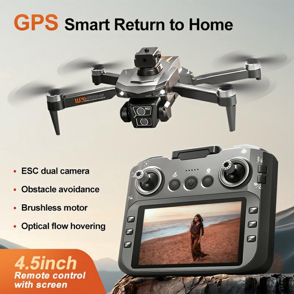 LU30 GPS Brushless Drone Obstacle Avoidance HD Aerial Photography RC Aircraft with 4.5 Inch Screen Controller, 3 Batteries