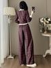 Autumn 2025 Women's Retro Plaid V-Neck Top with Wide-Leg Pants Suit