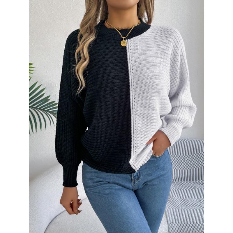 Women S Casual Color Block Round Neck Long Sleeve Pullover Sweater