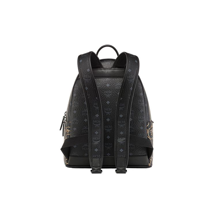 MCM Visetos Leather Backpack with Dragon Motif & Gold Detail for Daily & Travel Use
