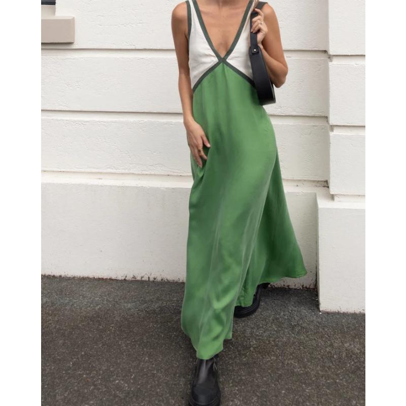 Women's Summer Color Block V Neck Sleeveless Tank Maxi Dress Loose Casual Vacation Beach Long Dress for Women