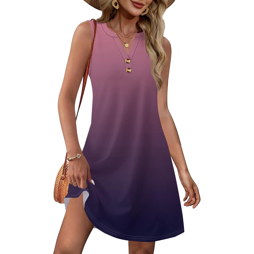 Ladies' Fashionable Gradient Print V-neck Button-down Pocket Vest Dress Beach Vacation Summer Dress