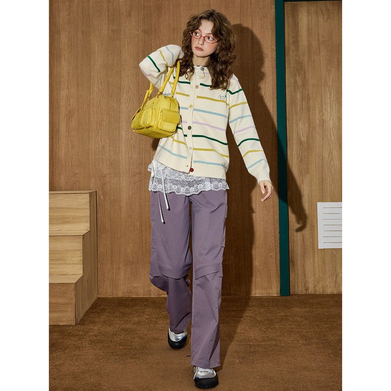 Coolhut2025 Autum Stripesd Pure Color Design Round Neck Knitted Cardigan Sweater Jacket