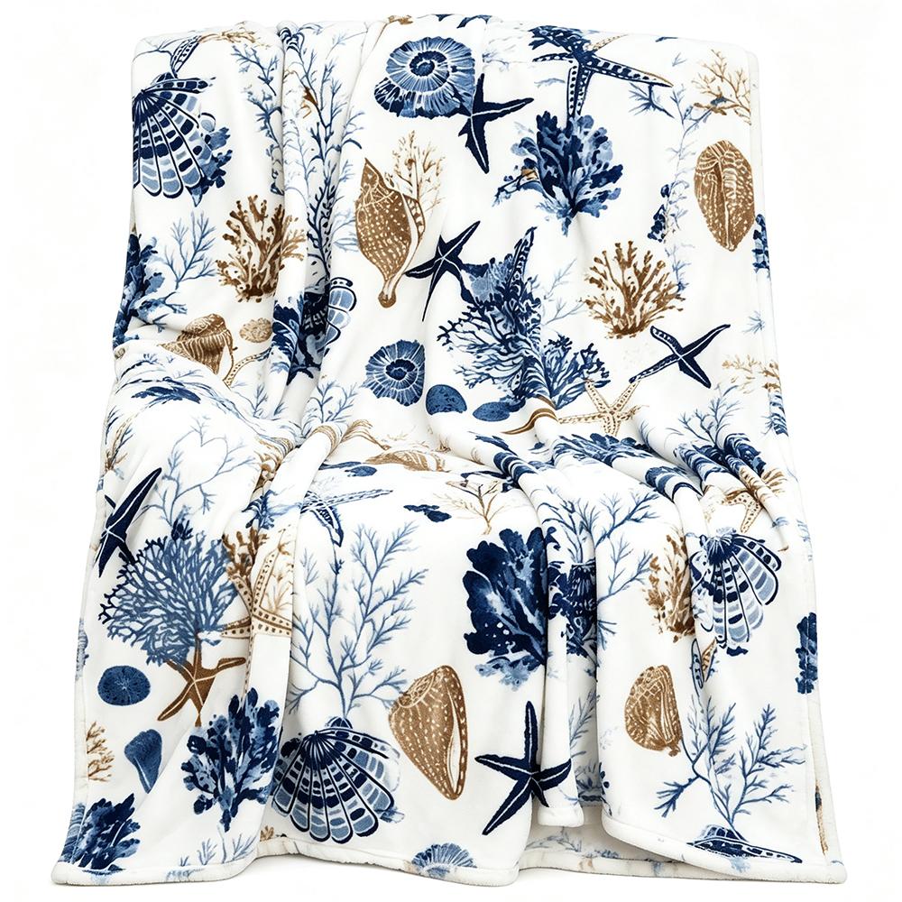 Coastal Starfish Seashell Coral Flannel Throw Blanket, Blue Ocean Nautical Print Soft Warm Lightweight Blanket for Sofa Bed Beach Home Decor Gift