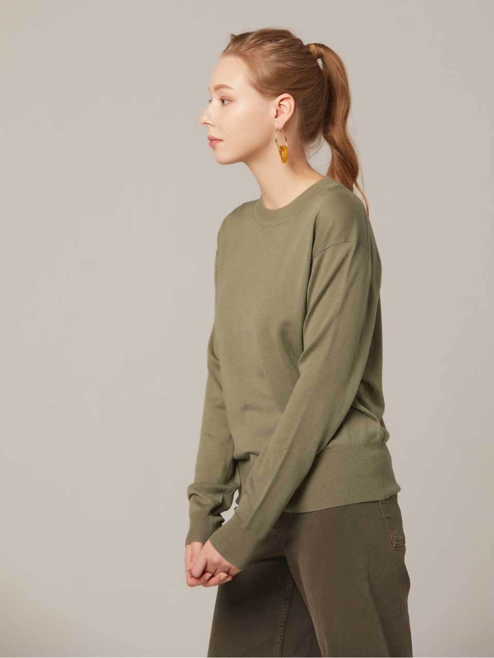 I Holic Cashmere High Gauge Round Neck Long Sleeve Knit Olive Green/Free