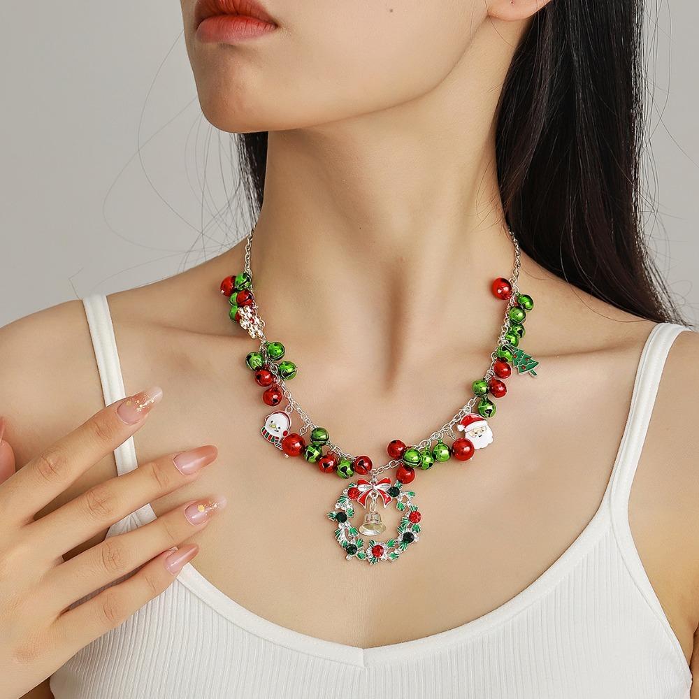 Bow Pendant Red Green Bell Choker Necklace Santa Claus Xmas Bead Clavicle Chain Women