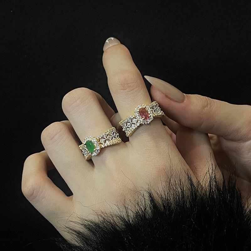 Italian Antique Retro Fashion Open Ring Hollow Micro-Inlaid Zircon Double-Layer Color Separation Light Luxury Ring