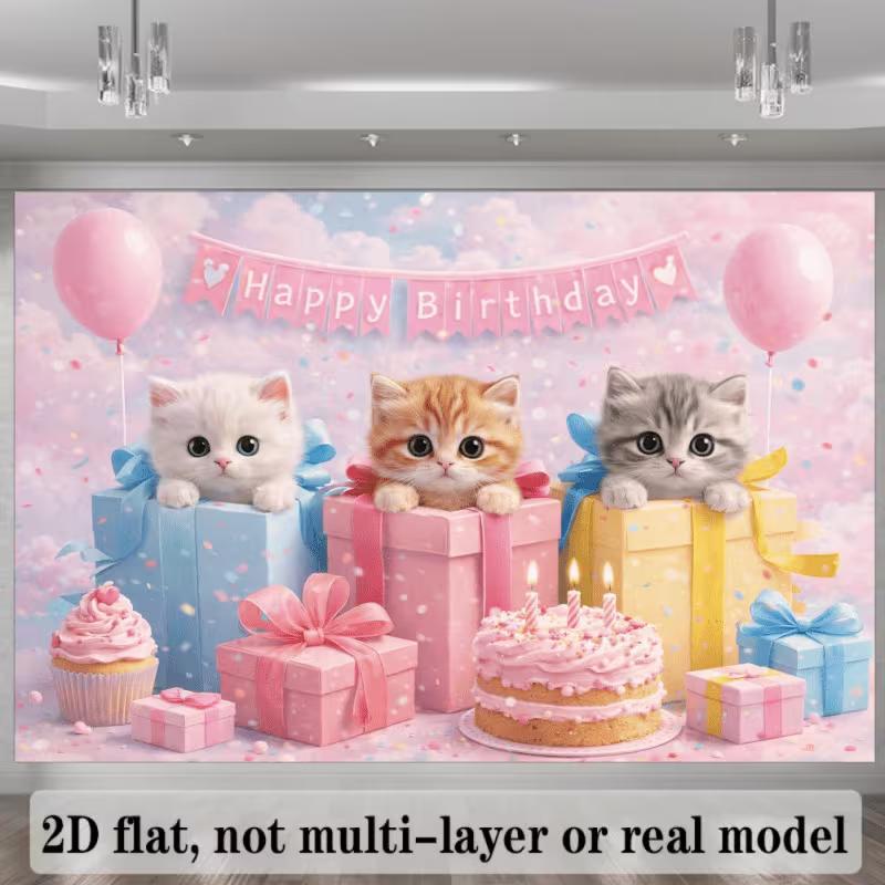2D Cute Kitten Happy Birthday Backdrop Pink Balloon Photography Background
