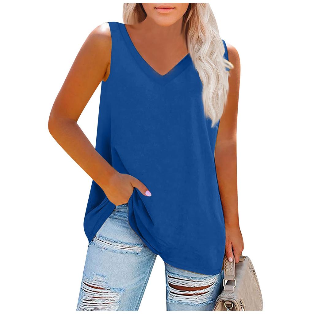 Women's Fashion Plus Size V Neck Color Sleeveless Casual T-Shirt Tank Top Top