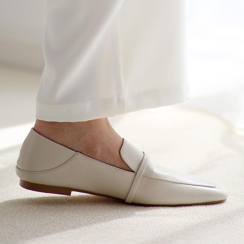 Cow Leather Square Toe Women Flats Casual Loafers Women Shoe Without Heel 2024 New Spring Autumn Mules Woman Simple White Shoes