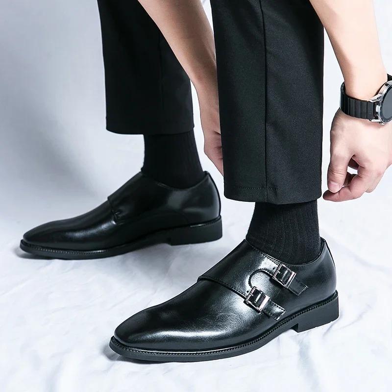 

Classic Retro Men s Monk Leather Shoes Pointed Toe Buckle Business Office Wedding Soft Comfortable Dress Shoes 38 коричневий