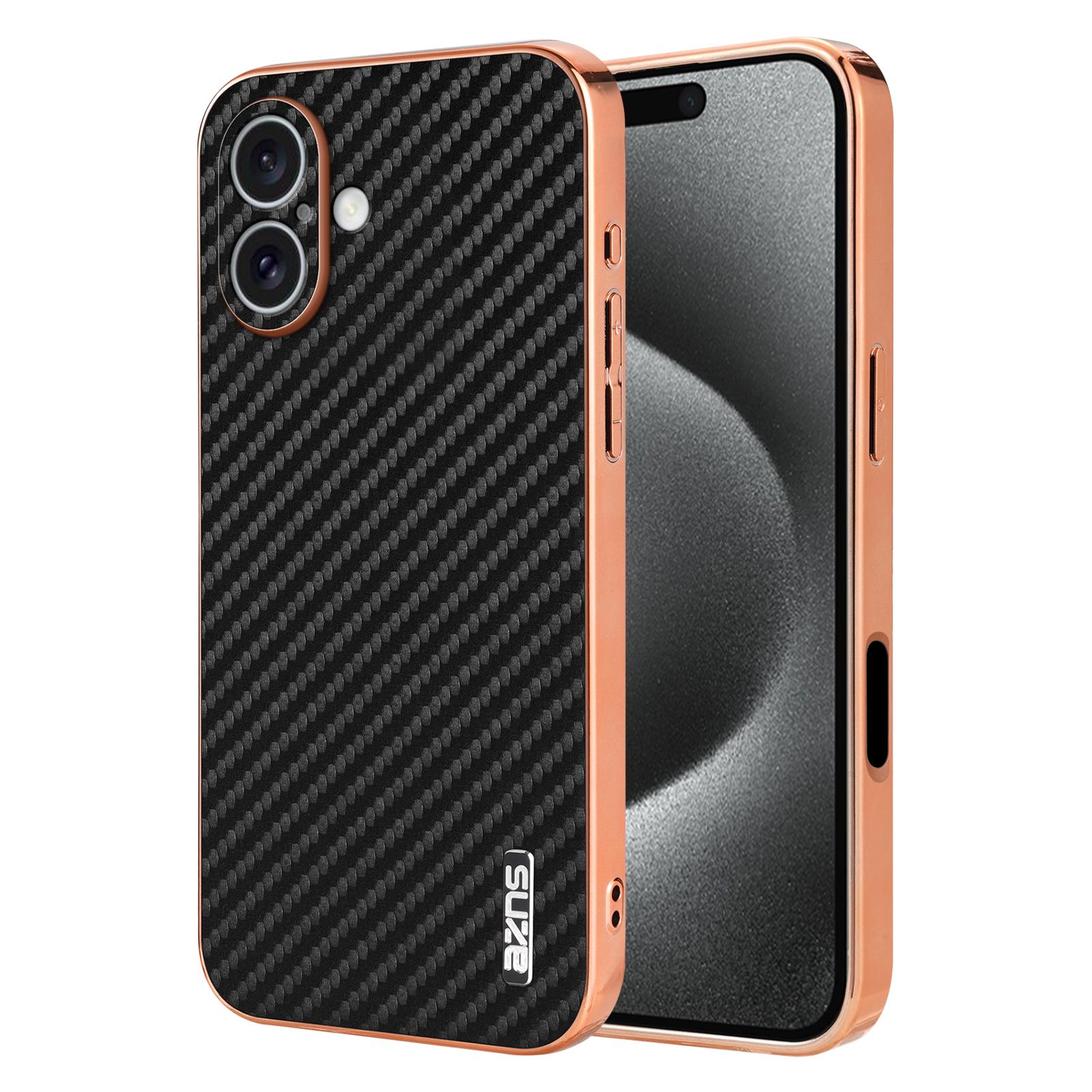 

AZNS For iPhone 16 Case Electroplating Carbon Fiber Texture PU+TPU Phone Cover Black