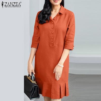 Women Casual Turn Down Collar Loose 3/4 Sleeve Plain Dress