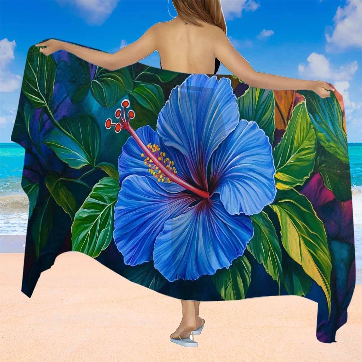 

Vibrant Blue Hibiscus Sarong, Ultra Soft Large Quick Dry for Travel Camping Summer W30*H60(CM)