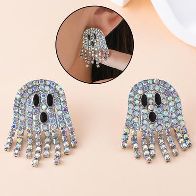 Ghost Inlaid Zircon Crystal Stud Earrings Shiny Women Tassel Dangle Halloween Jewelry Gifts for Her