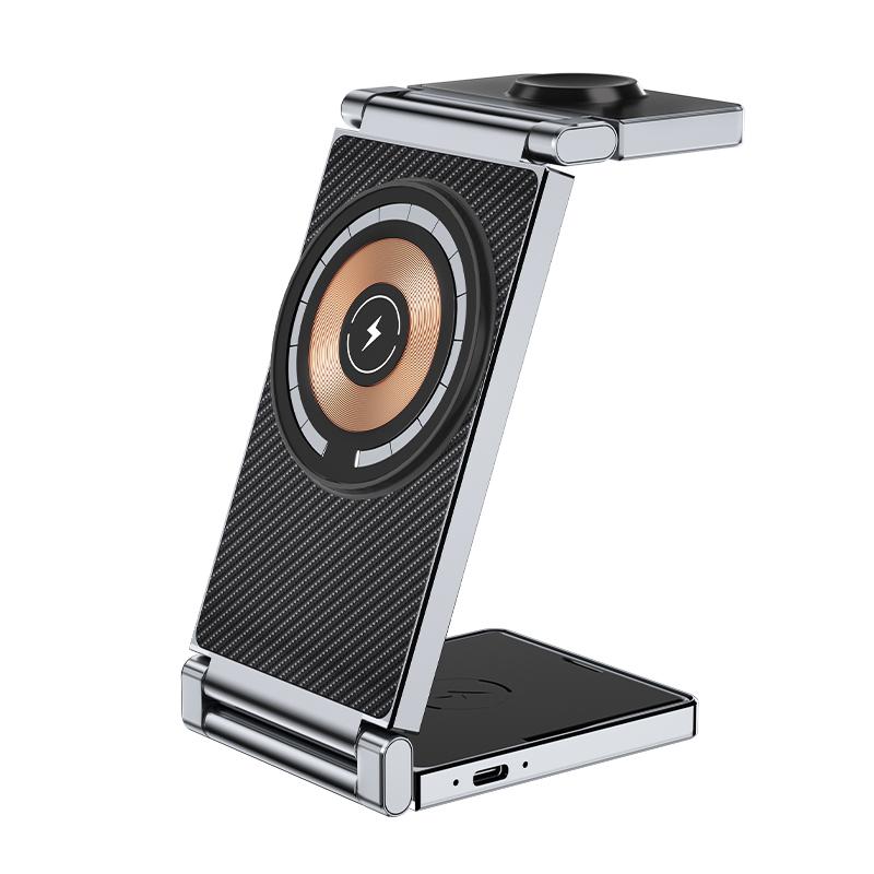 

T30 4 in 1 Wireless Charging Station Stand Multifunctional Folding Magnetic Charger Cordless for Cell Phone Watch Headset Black