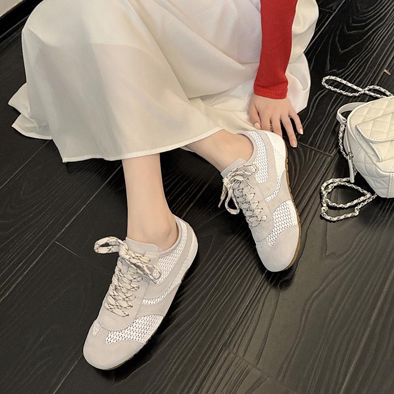 Cowhide German training shoes women's 2025 summer new mesh breathable retro casual sports shoes flat bottom low top board shoes women