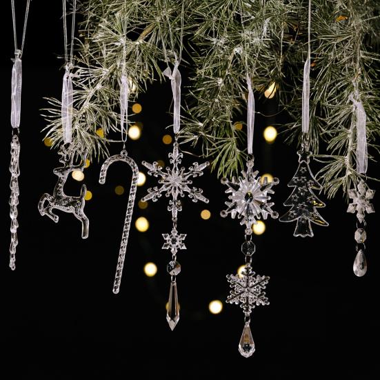 14Pcs/Set Christmas Ornament Set Faux Crystal Snowflake Icicle Drop Hanging Ornaments Winter Holiday Party Decoration