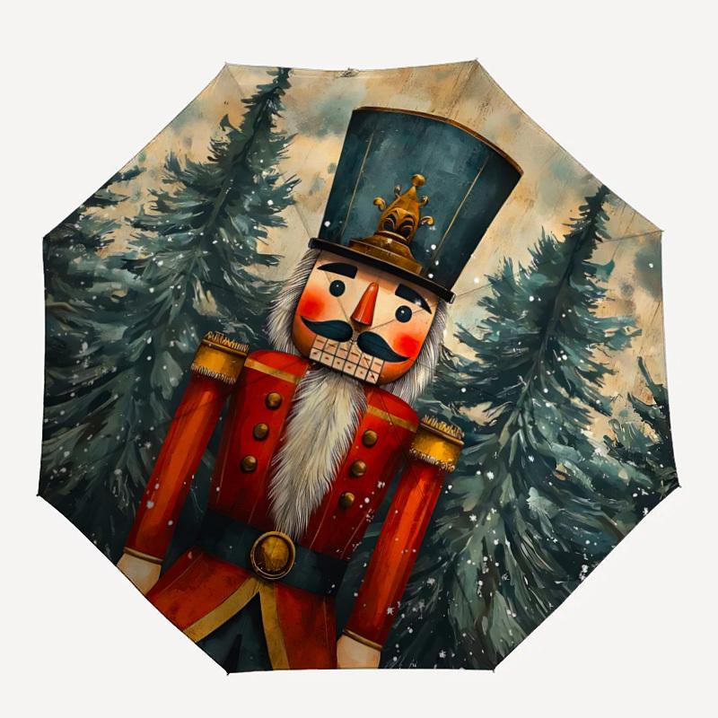1 Stück Nussknacker Weihnachten Automatischer Faltregenschirm, Leichter Einziehbarer Kompakter Reise-Regenschirm, Stabiler 8-Rippen-Rahmen127