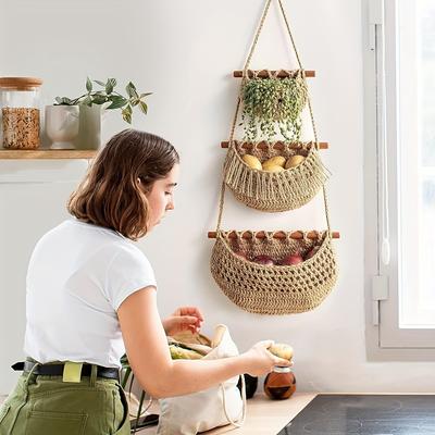 1 Stück Obstkorb im böhmischen Stil aus gewebtem Baumwollseil – 3-stufige Hängeaufbewahrung für Obst und Gemüse, vielseitiges Design zur Wandmontage