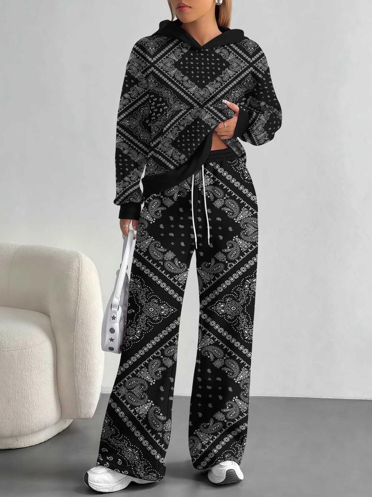 Retro Pattern European And American Autumn And Winter Casual Long-Sleeved Suit Women'S Hooded Sweater Trousers Two-Piece Set