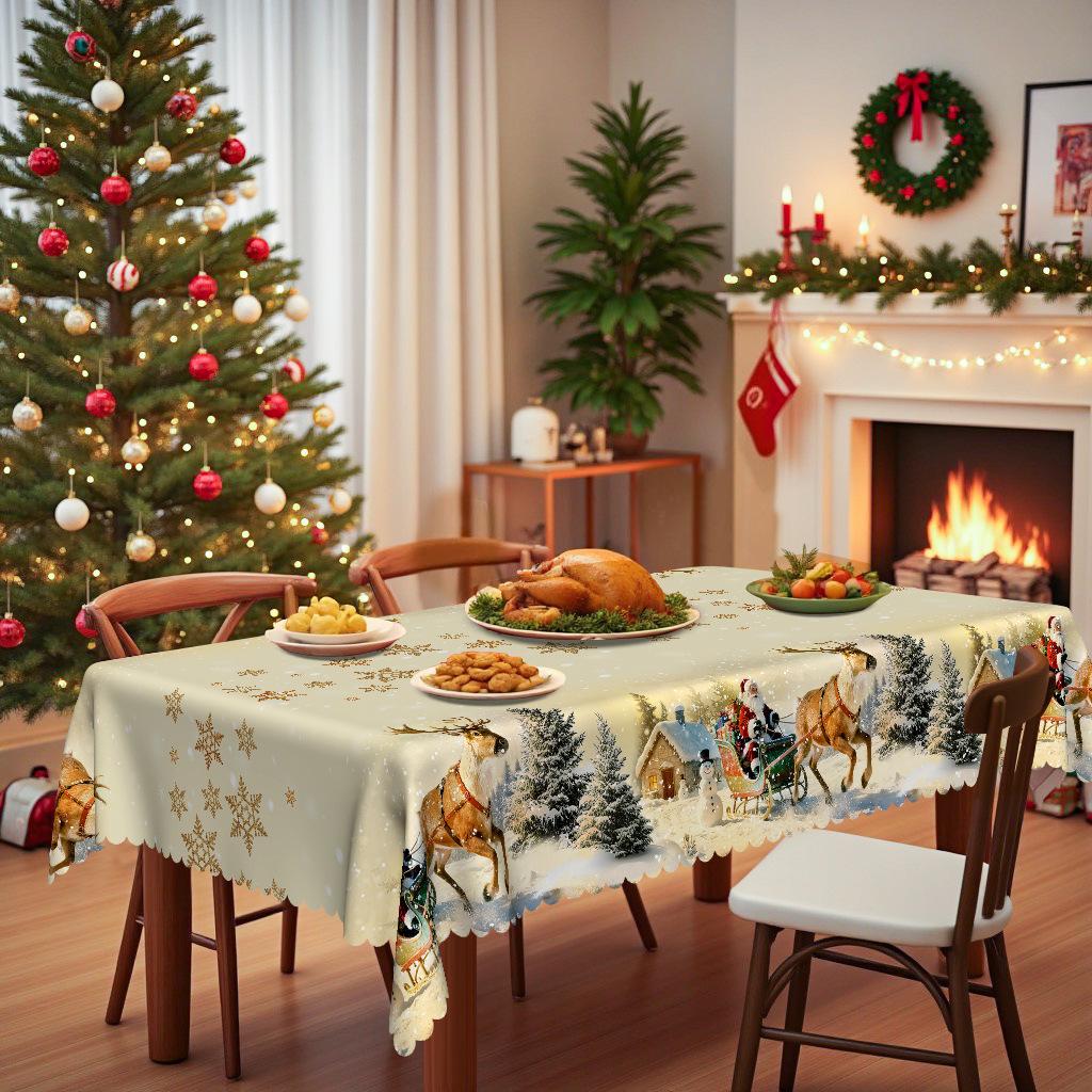 Christmas Theme Rectangle/Round Tablecloth Beige Warm Tone Santa Reindeer Snow Castle, Table Cloth
