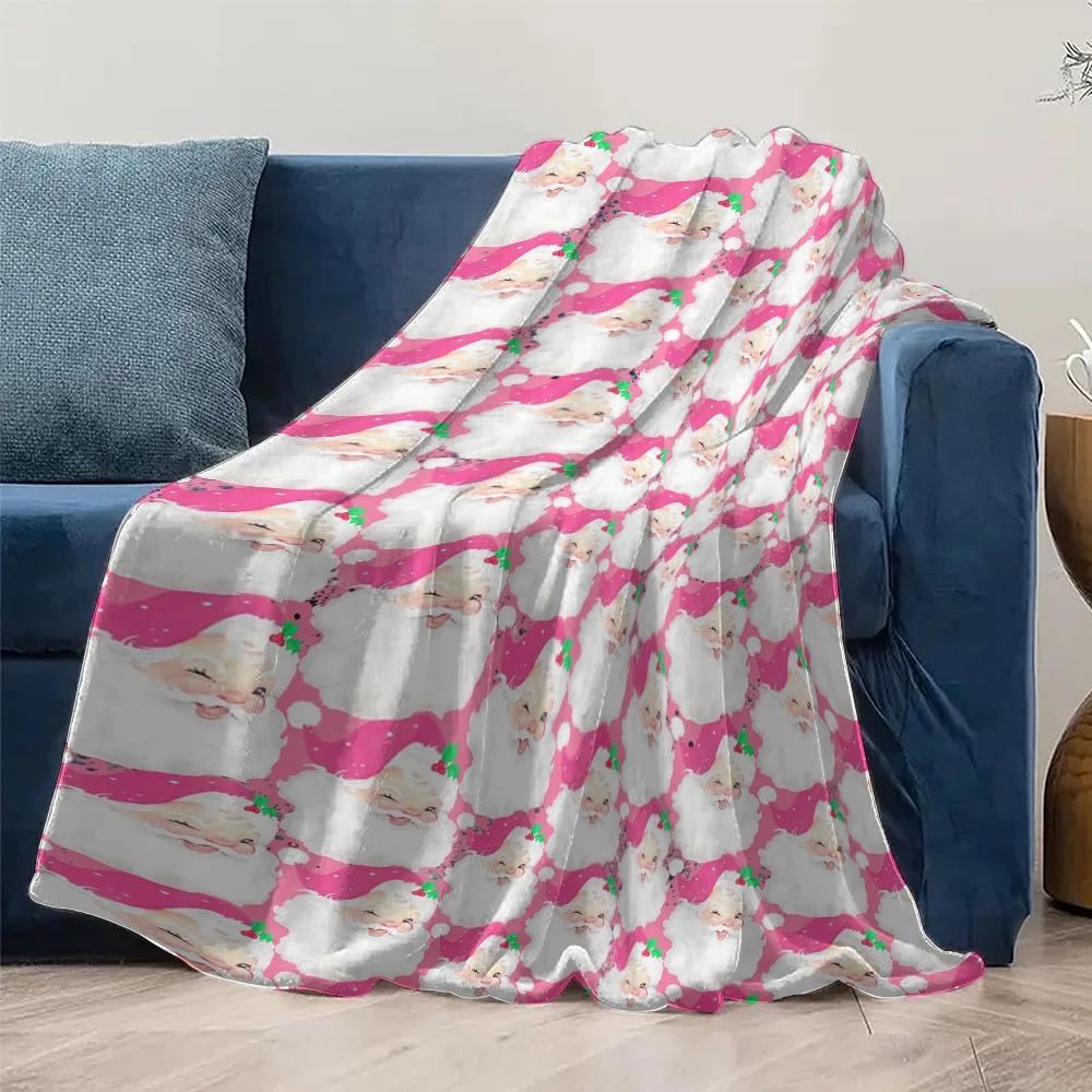 Pink Santa Fleece Blanket, Cute Christmas Pattern with Green Hat Design, Soft Plush Throw for Festive Sofa and Home Decor