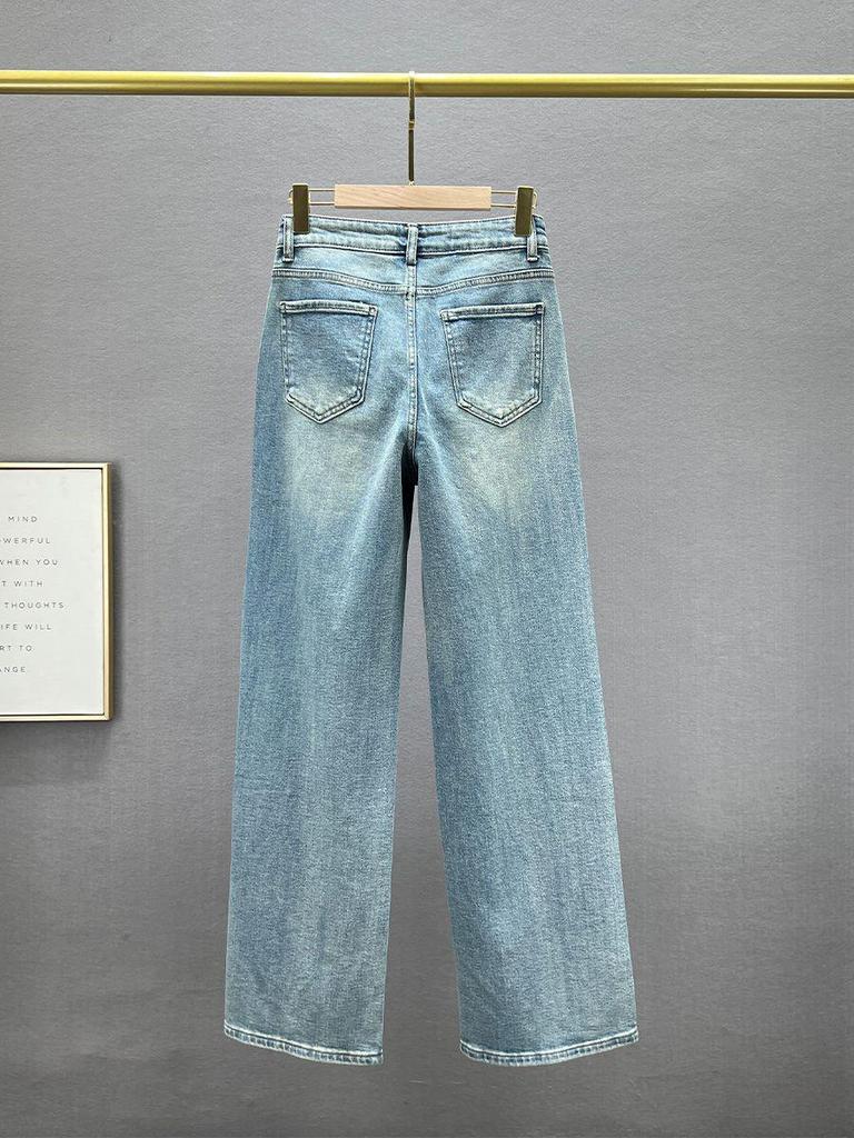 Women's High-Waisted Denim Jeans with Rhinestone Star Pendant - European Style, Summer Loose Fit, Slimming, Versatile Straight Leg.