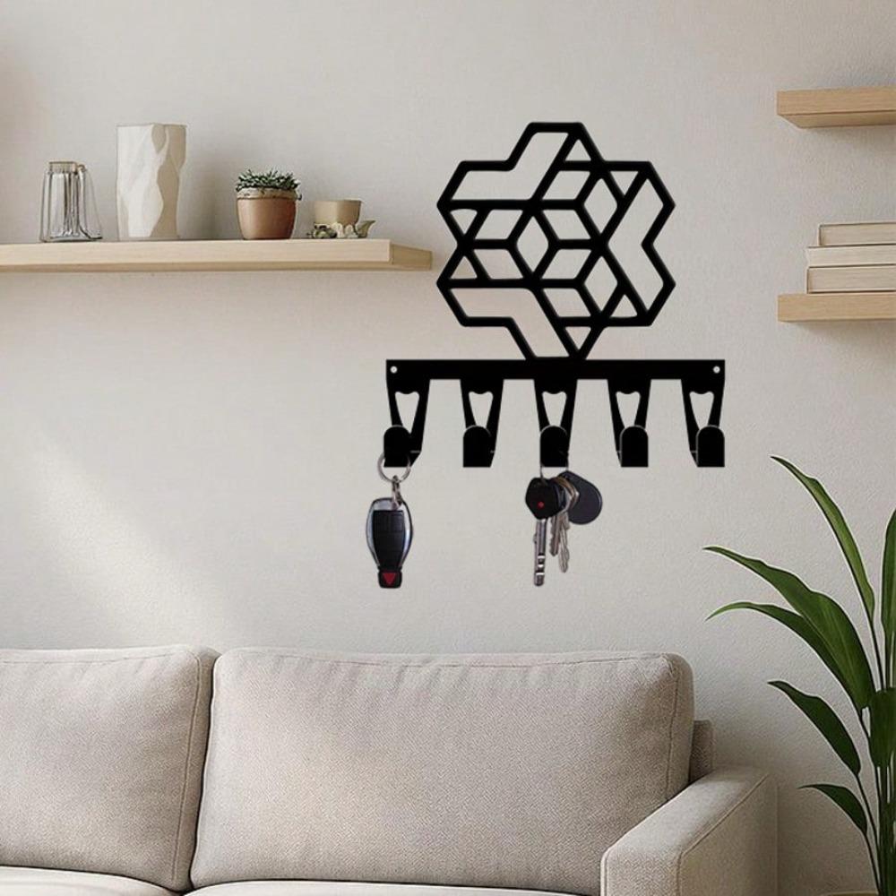 Modern Hexagon Wall Mounted Key Holder with 5 Hooks, Forged Iron Craft Geometric Entryway Decor