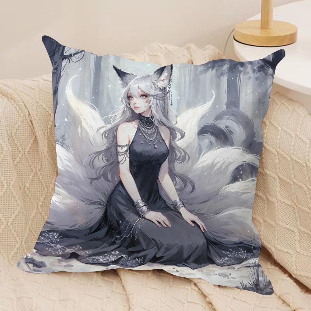 NineTailed Fox Girl Cushion Cover Silky Short Plush Invisible Zipper Dustproof Sofa Pillow Case for Home Decor