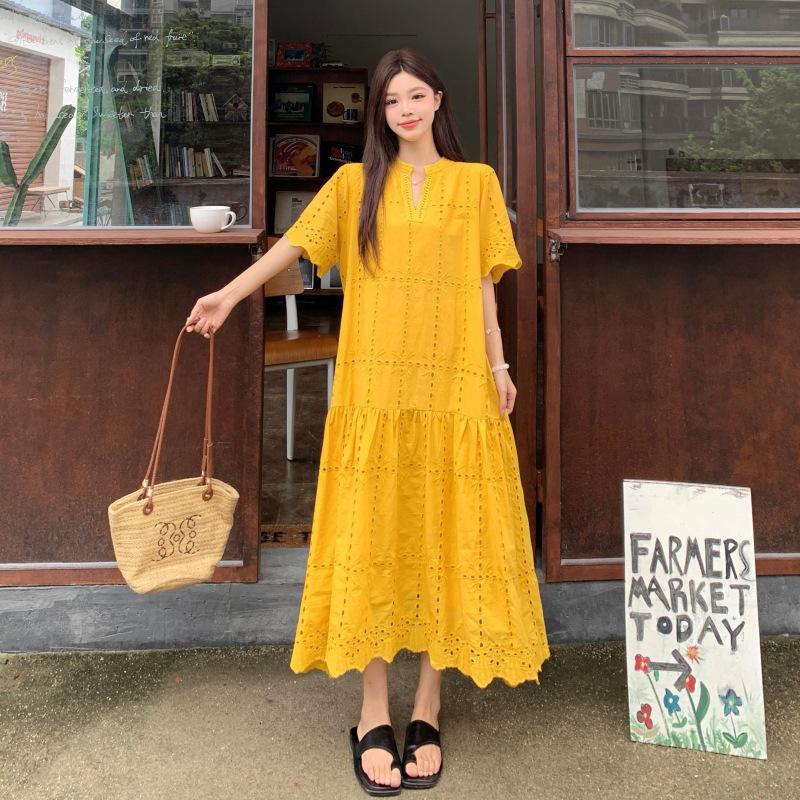 2026 Summer Sweet Hollow-Out Maternity Dress - Fresh Korean Style Loose Fit Medium