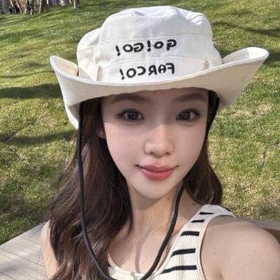 Embroidered Letters Drawstring Fisherman Hat for Women Japanese Simple UV Mountaineering Hat for Students Travel Camping Sun Protection Hat