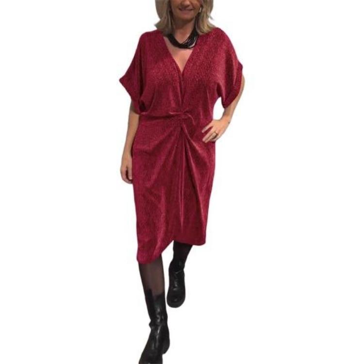 Loose Casual Women Dress V Neck Knee Length Midi Dress Pure Color Short Sleeves Twist Knot Waist Shiny Dating Dress S