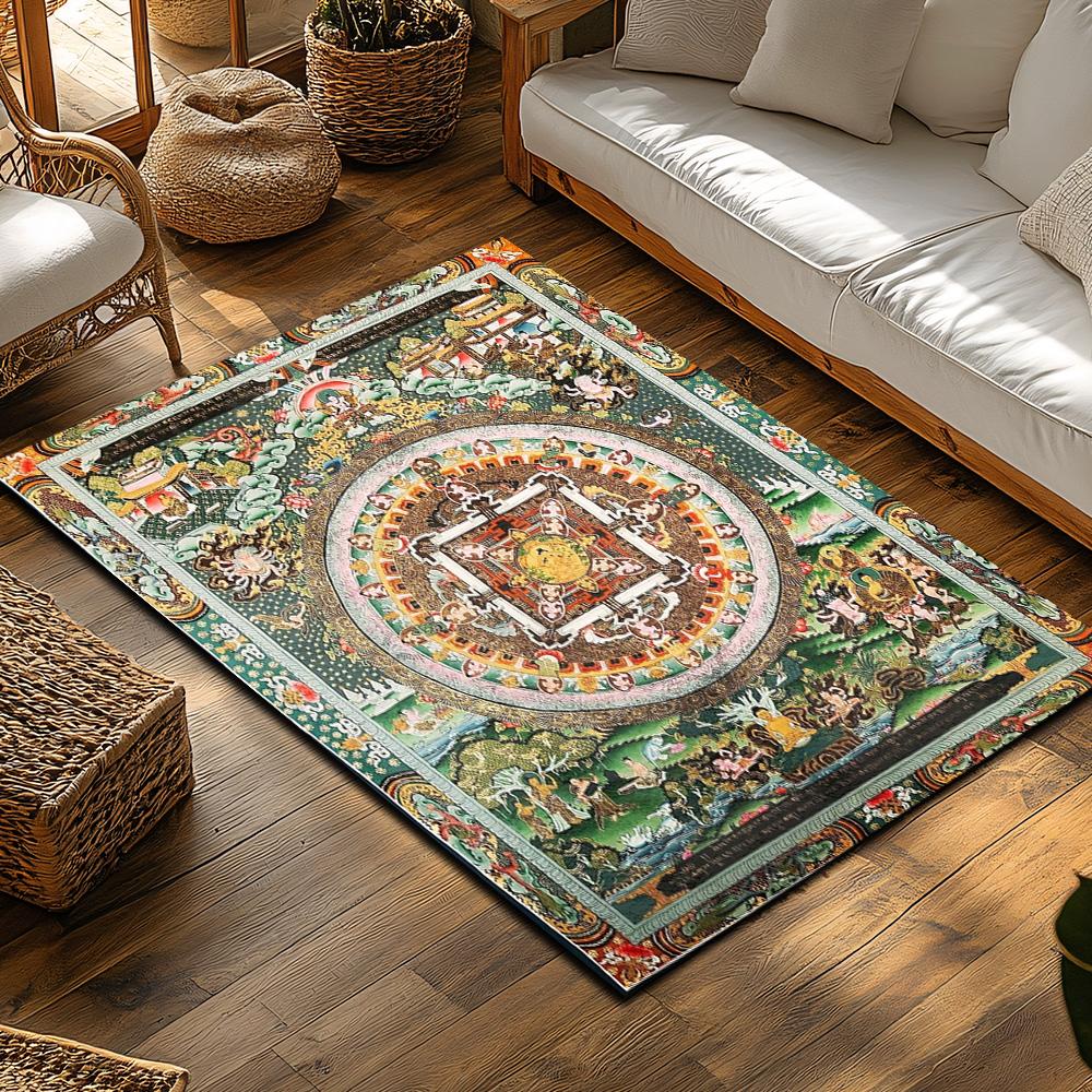 Tibetan Mandala Area Rug Intricate Buddhist Art Floor Mat Spiritual Home Decor Meditation Room Carpet Zen Design Detailed Patter