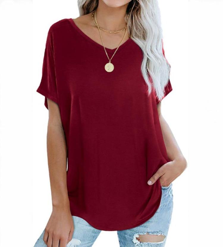 Women Summer T Shirts Casual Loose Fit V Neck Short Sleeve Basic Tee Top