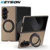 KEYSION 360° Rotating Magnetic Ring Stand PU Leather Case for MagSafe for Samsung Z Fold 7 5G Wireless Charging Phone Back Cover